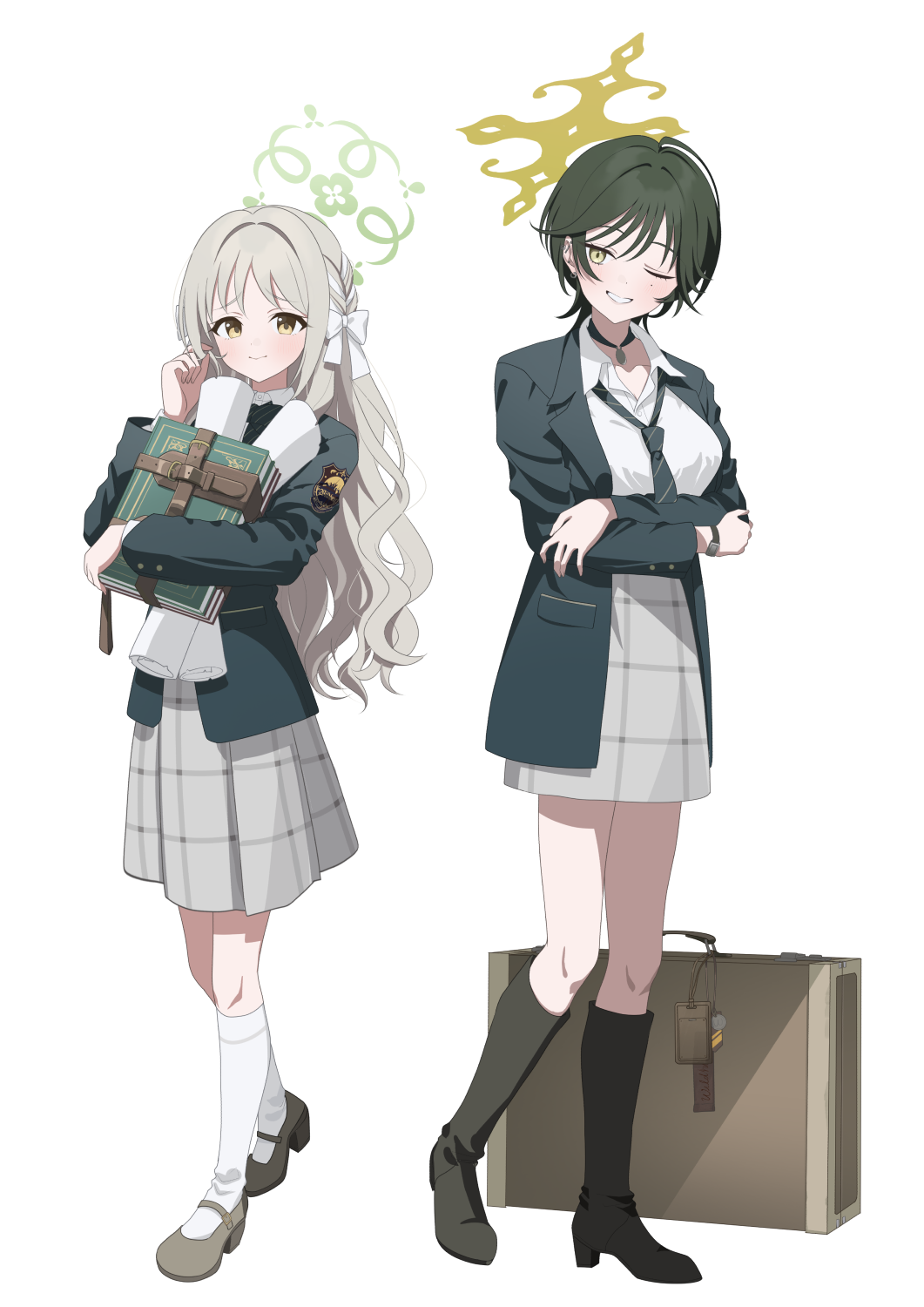 2girls, ahoge, ankle_boots, arms_under_breasts, black_boots, black_jacket, black_necktie, blue_archive