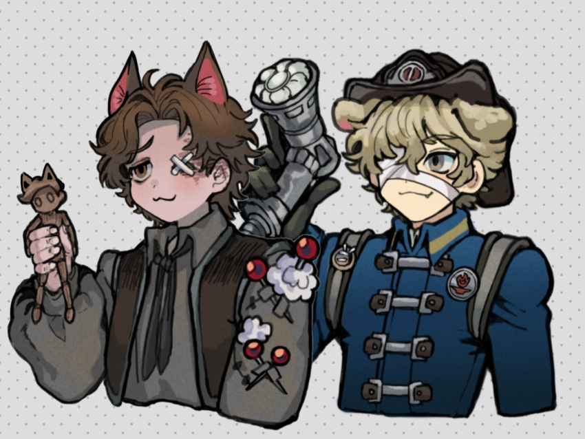 2boys, :3, animal_ears, ascot, bandage_over_one_eye, black_ascot, black_gloves, black_shirt