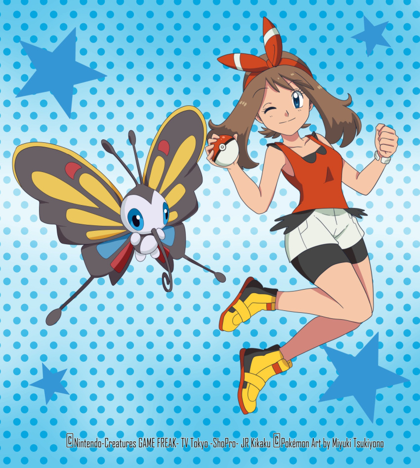 1girl, beautifly, bike_shorts, bike_shorts_under_shorts, black_shorts, blue_background, blue_eyes, bow