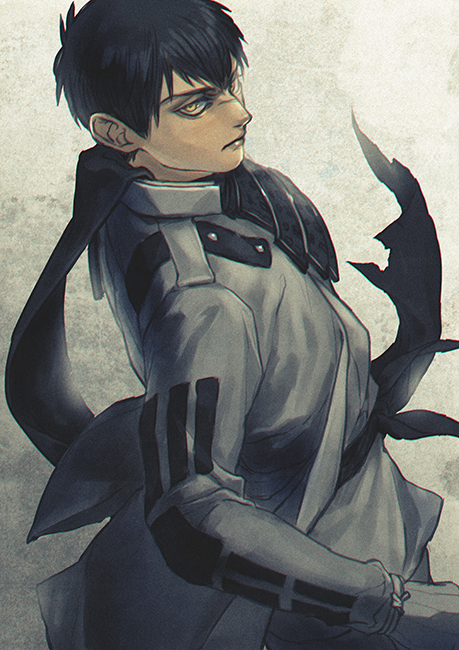 1boy, armor, black_hair, black_scarf, closed_mouth, coat, commentary_request, cowboy_shot