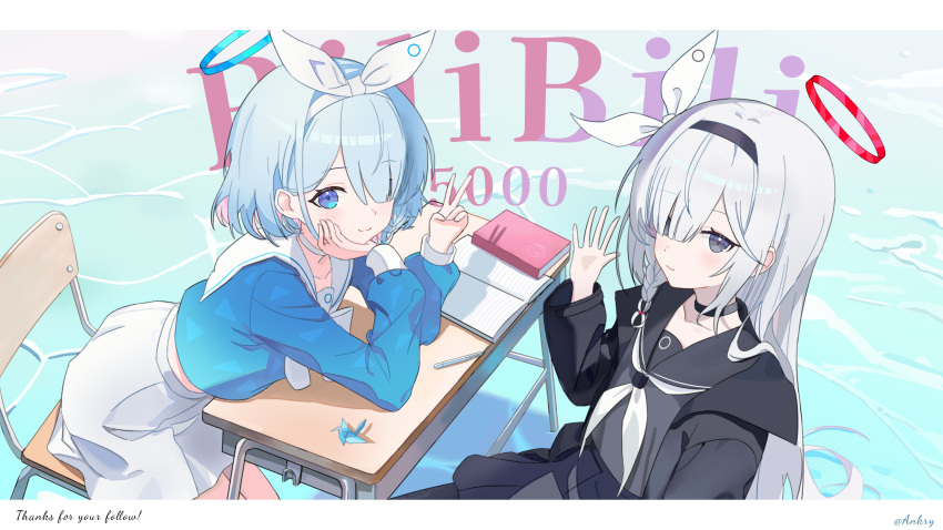 2girls, absurdres, ankry, arona_(blue_archive), black_choker, black_coat, black_hairband, black_sailor_collar