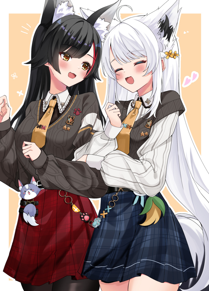 2girls, absurdres, ahoge, animal_ear_fluff, animal_ears, arm_hug, black_hair, black_sweater