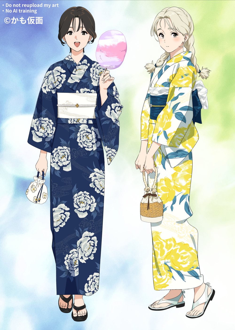 2girls, black_sandals, blonde_hair, blue_kimono, braid, brown_hair, commentary, cotton_candy