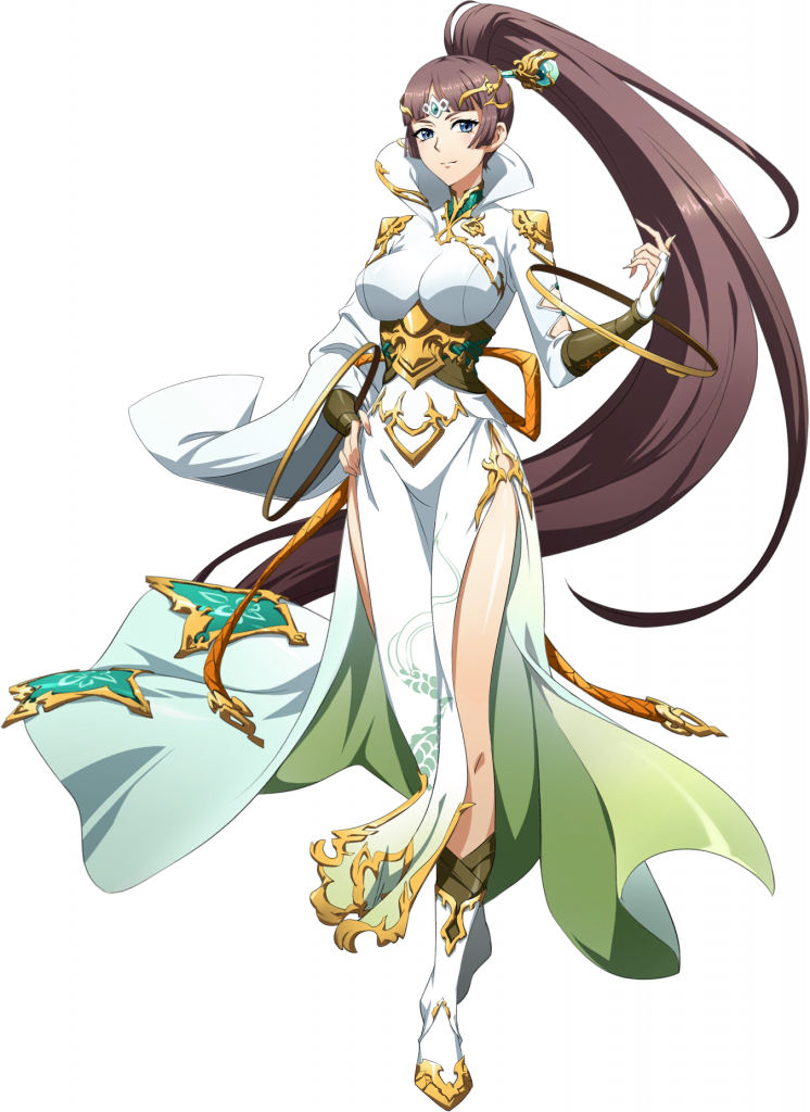 1girl, azusa_(langrisser), blue_eyes, boots, bracelet, bracer, breasts, bridal_gauntlets, brown_hair, china_dress, chinese_clothes, circlet, closed_mouth, collared_dress, corset, crossed_legs, dress, floating_clothes, floating_hair, forehead_jewel, full_body, game_cg, gold_bracelet, gold_trim, green_corset, hair_ornament, hand_on_own_hip, hand_up, high_collar, high_ponytail, hoop_bracelet, jewelry, langrisser, langrisser_mobile, large_breasts, light_smile, long_hair, long_sleeves, looking_at_viewer, mandarin_collar, multiple_bracelets, official_art, parted_bangs, pelvic_curtain, ponytail, side_slit, sidelocks, simple_background, solo, standing, strap, tachi-e, third-party_source, transparent_background, very_long_hair, white_boots, white_dress