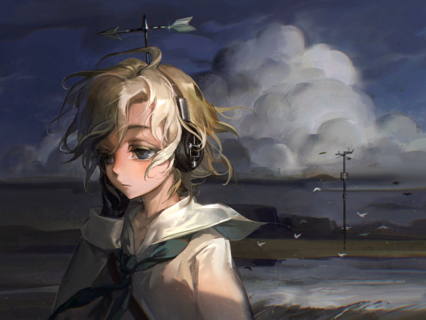 0212tu, 1girl, bird, blonde_hair, blue_eyes, blue_neckerchief, clouds, colored_eyelashes, expressionless, floating_clothes, floating_hair, frown, half-closed_eyes, hand_on_own_face, headphones, highres, identity_v, neckerchief, raised_eyebrows, sailor_collar, scenery, shirt, short_hair, single_hair_intake, wavy_hair, wendy_foote, white_sailor_collar, white_shirt