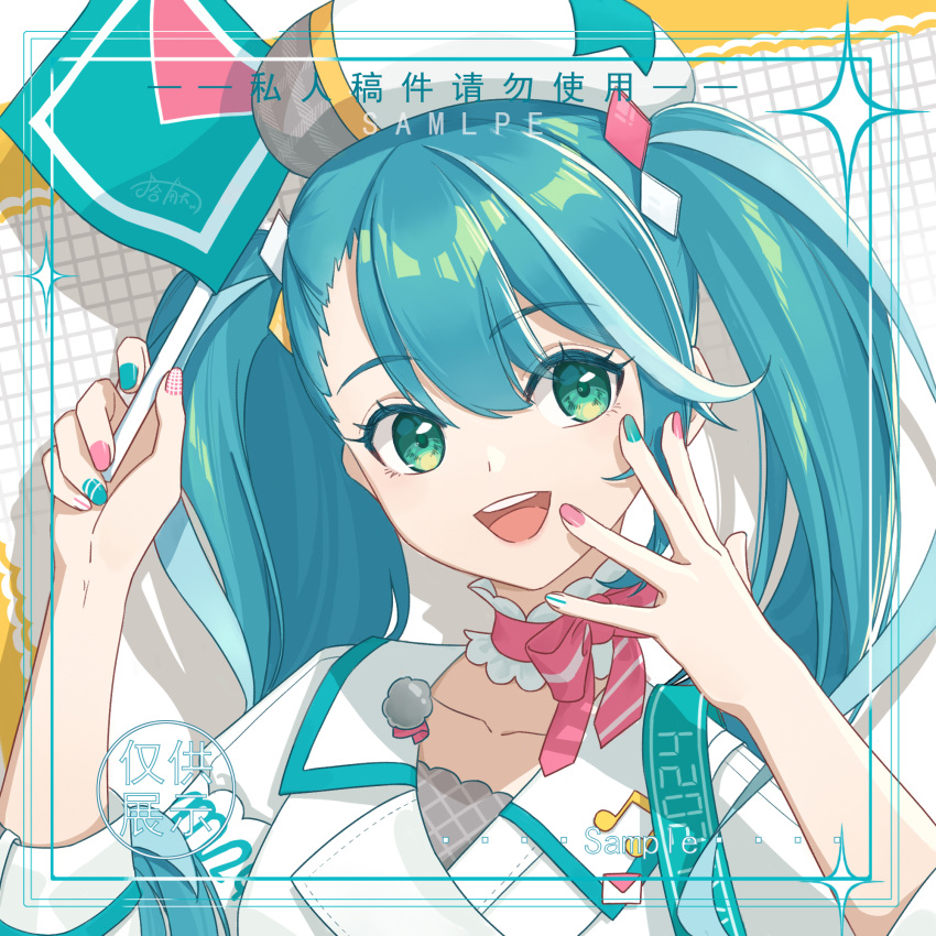 1girl, applying_manicure, aqua_eyes, aqua_hair, aqua_nails, beret, bow, collarbone