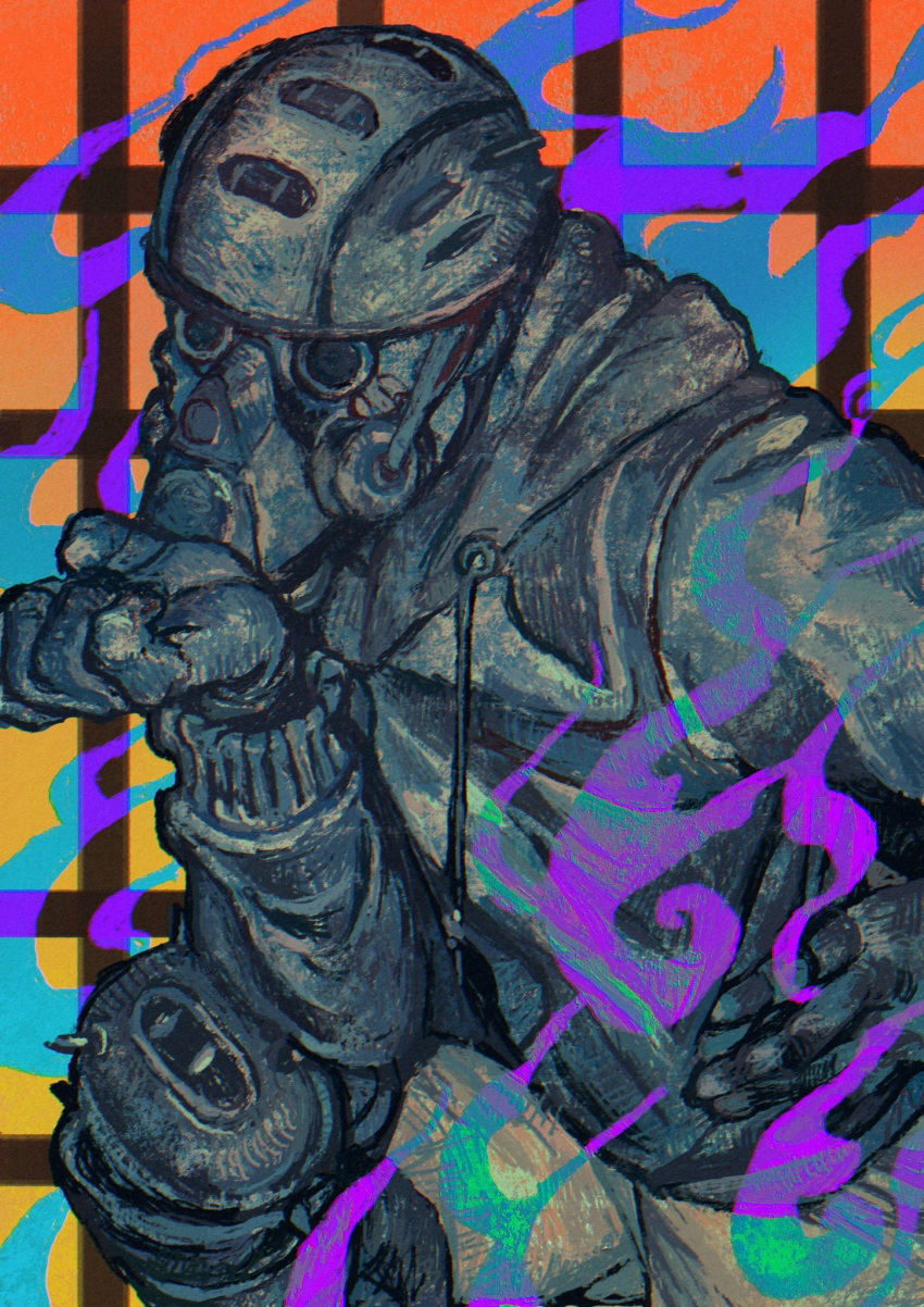 1boy, aikawa_(dorohedoro), backwards_hat, baseball_cap, commentary, dorohedoro, gas_mask, gloves