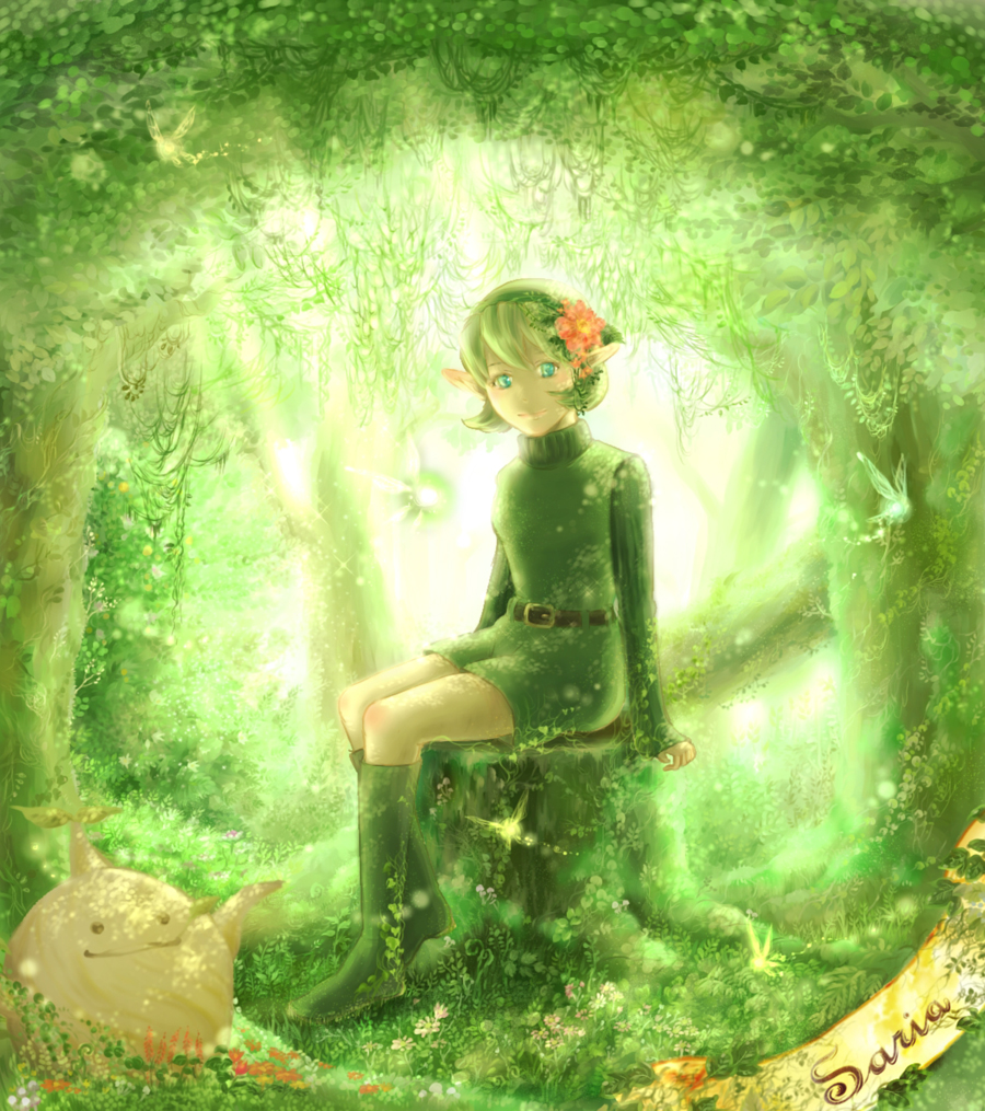 belt, fairy, flower, forest, great_deku_sprout, green_eyes, green_hair, hair_flower