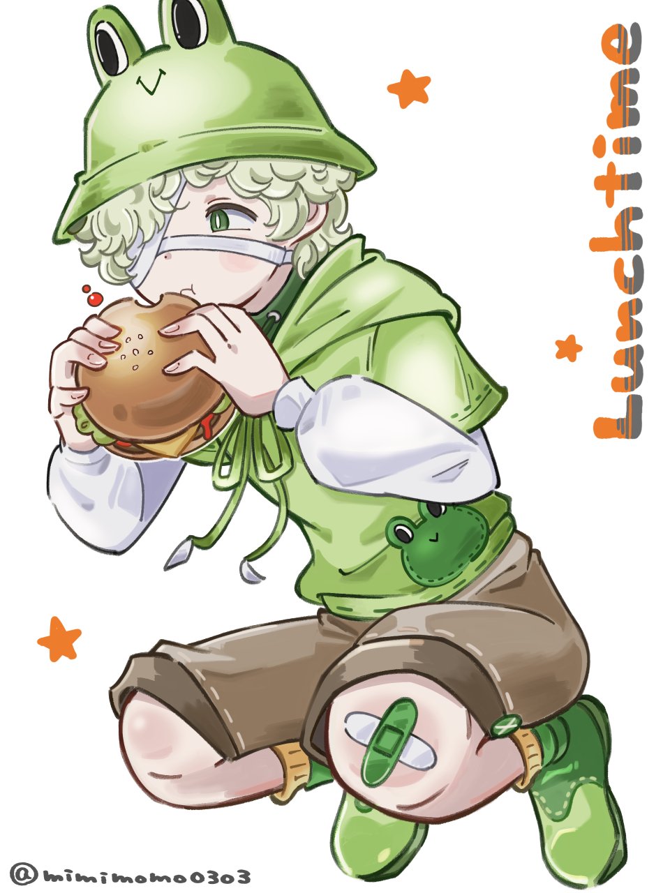 1boy, :t, bandage_over_one_eye, bandaid, bandaid_on_knee, bandaid_on_leg, blonde_hair, brown_shorts