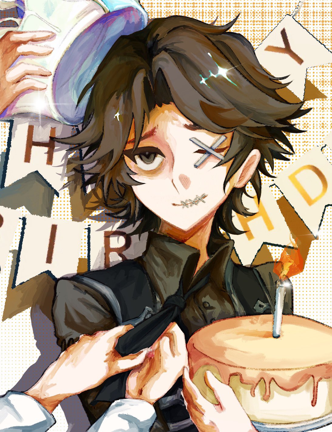 1boy, adjusting_another's_clothes, ascot, black_ascot, black_vest, brown_eyes, brown_hair, brown_shirt