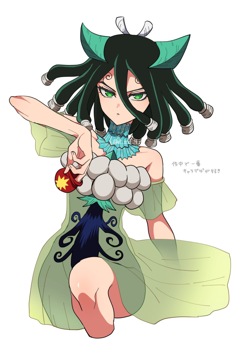 1girl, black_hair, d_ico_4, dr._stone, dress, green_dress, green_eyes, green_hair