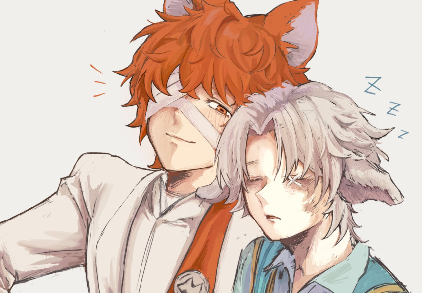 2boys, animal_ears, bandage_over_one_eye, blue_vest, closed_eyes, cross_stitch, eh8pgik33326, florian_brand