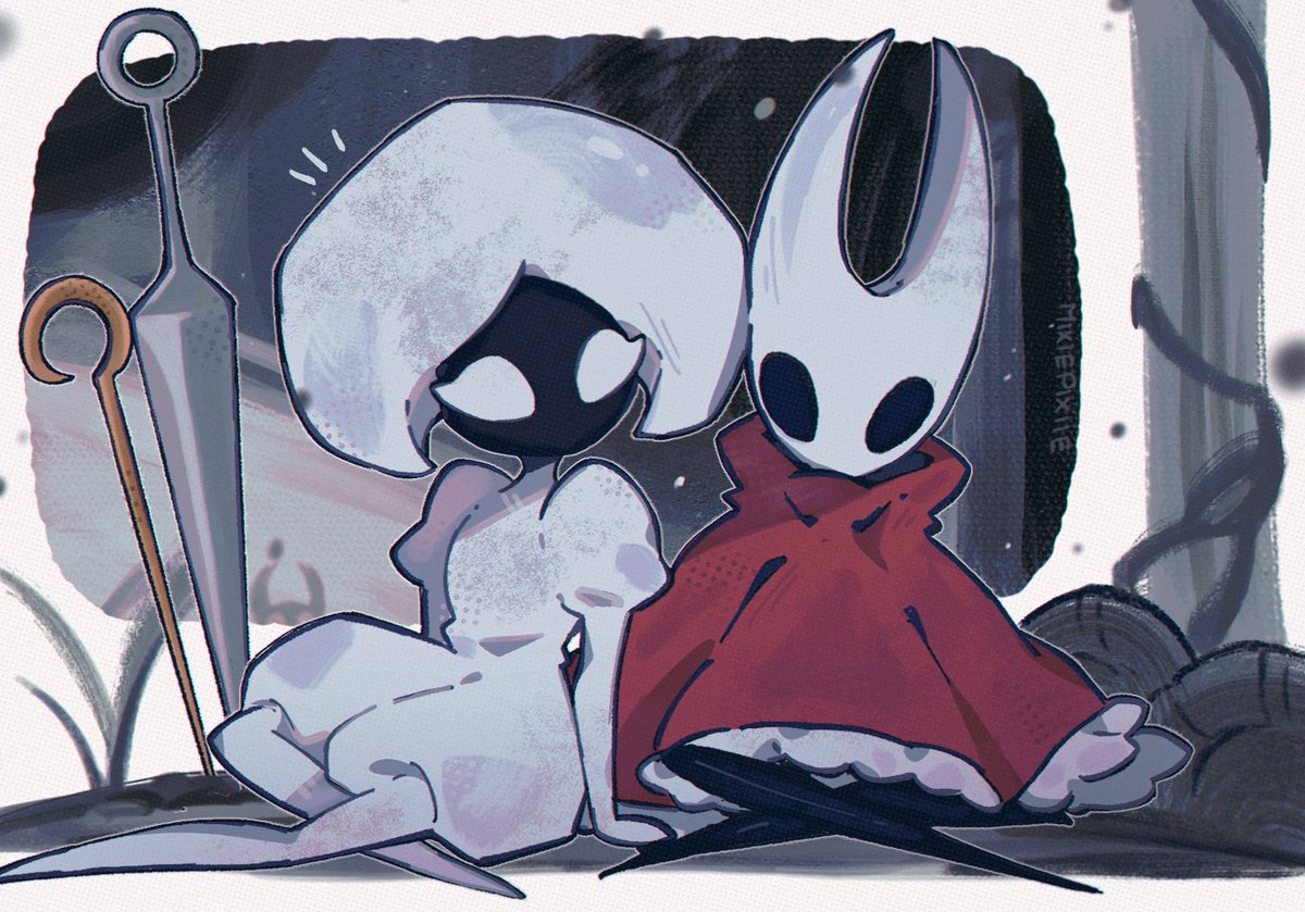 1other, 2girls, arthropod_girl, black_eyes, cloak, colored_skin, commentary, crossed_legs