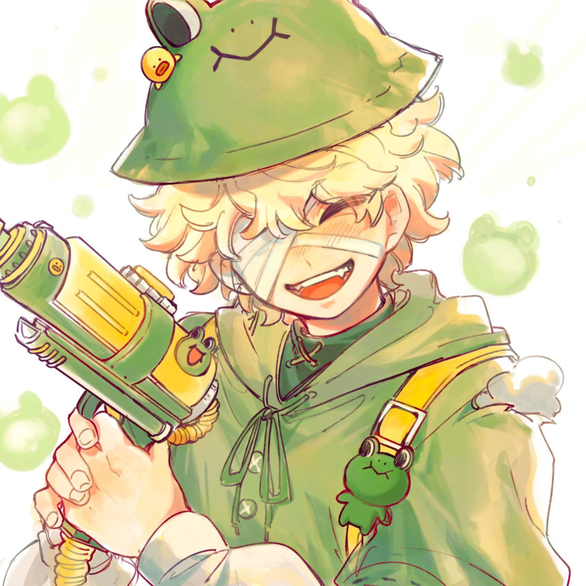 1boy, bandage_over_one_eye, blonde_hair, blush, bucket_hat, cucukhumnumzl, curly_hair, facing_viewer