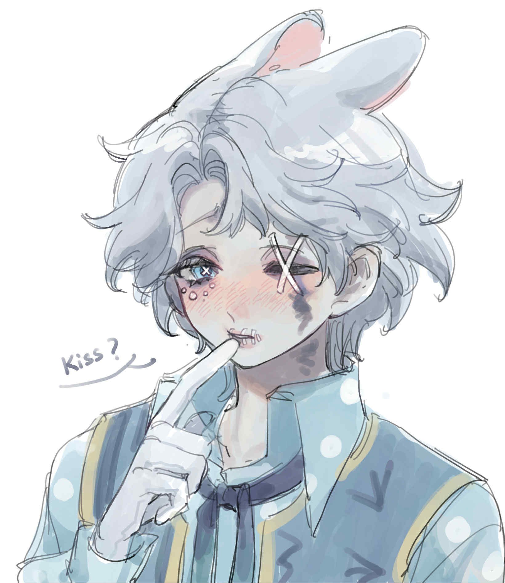 1boy, animal_ears, ascot, blue_ascot, blue_eyes, blue_shirt, blush, bright_pupils