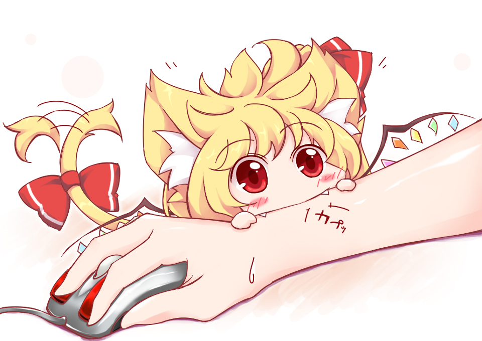 animal_ears, biting, blonde_hair, blush, cat_ears, cat_tail, chibi, computer_mouse