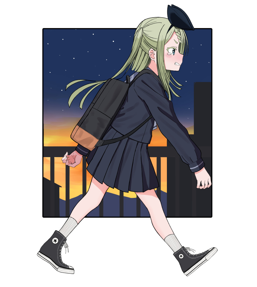 1girl, absurdres, aqua_eyes, backpack, bag, black_hat, black_shirt, black_shoes