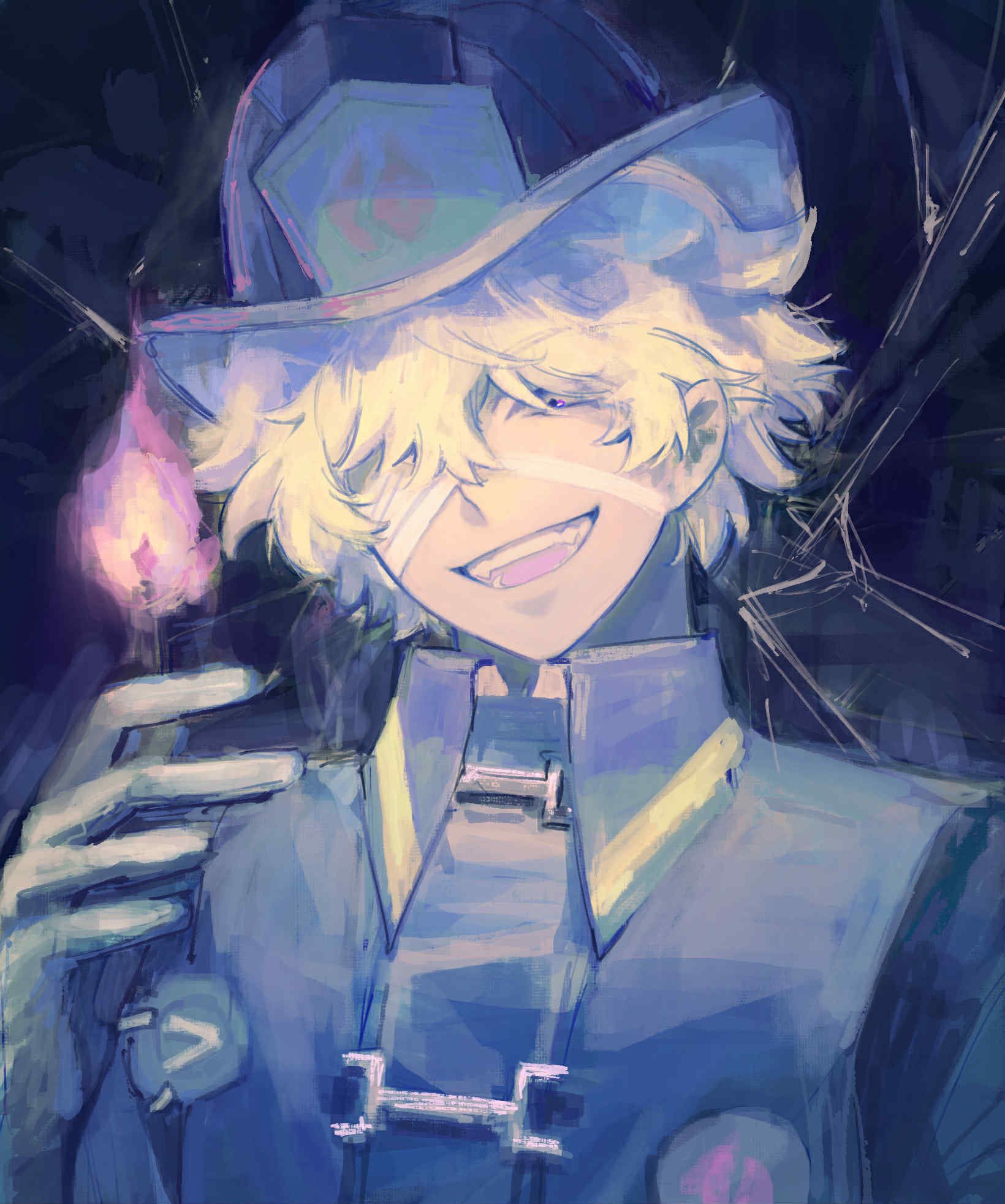 1boy, bandage_over_one_eye, black_gloves, blonde_hair, blue_jacket, cucukhumnumzl, fangs, firefighter_helmet