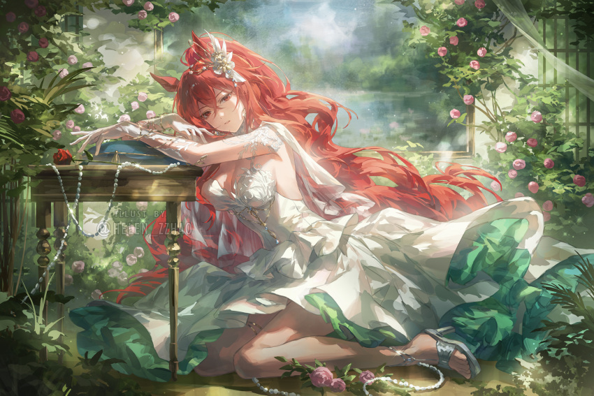 1girl, alternate_costume, animal_ears, arknights, crossed_bangs, dress, flower, gloves