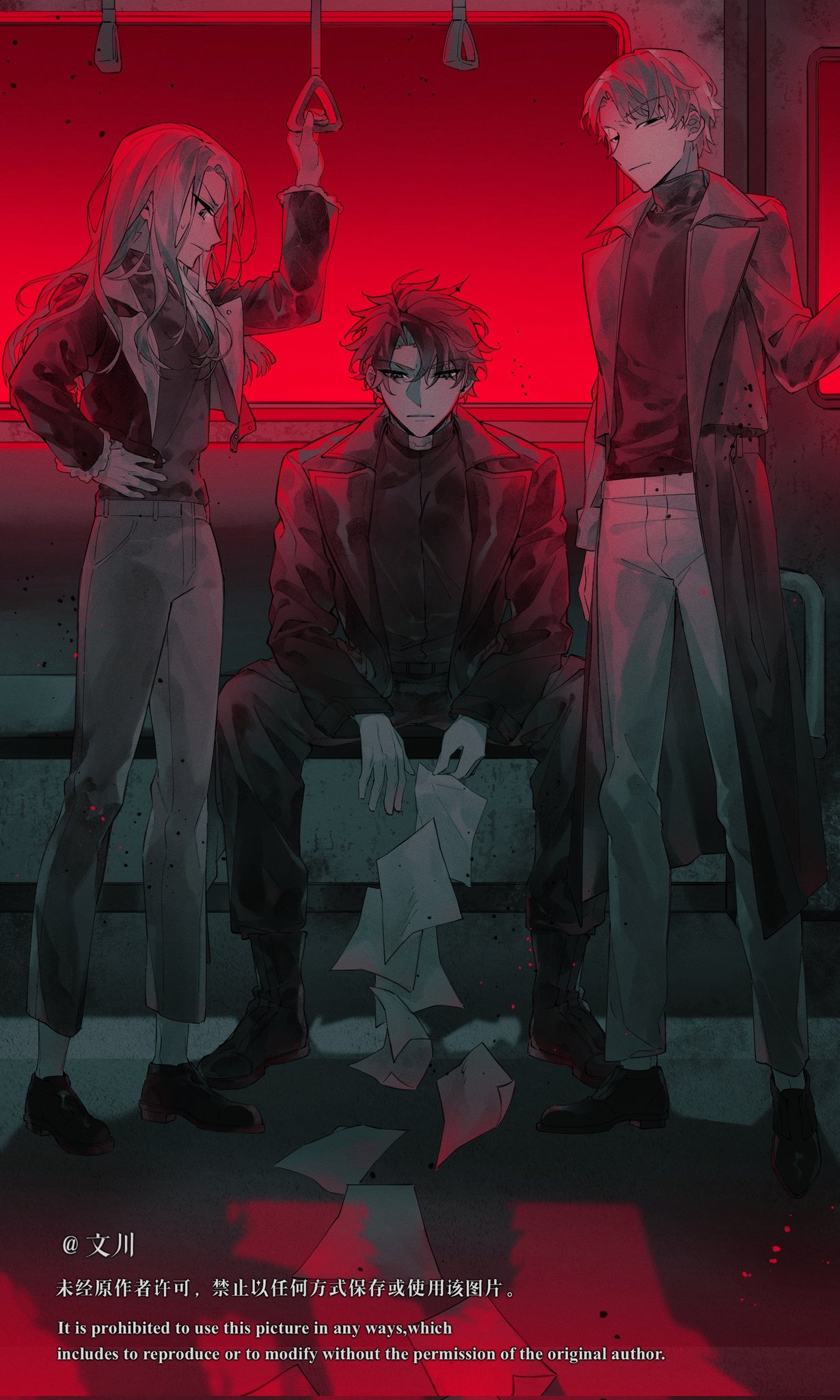 1girl, 2boys, anna_croft, black_coat, black_eyes, black_hair, black_shirt, cheon_inho, coat, crew_neck, falling_paper, full_body, grey_hair, hand_on_own_hip, hand_up, highres, long_hair, looking_at_viewer, multiple_boys, narrowed_eyes, nicayuko, omniscient_reader's_viewpoint, open_clothes, open_coat, popped_collar, red_light, shirt, short_hair, sitting, standing, train_interior, yoo_joonghyuk