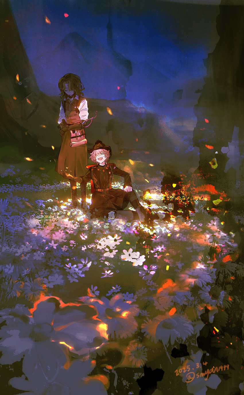 2boys, absurdres, apron, bandage_over_one_eye, blonde_hair, boots, brown_apron, brown_boots, brown_hair, brown_jacket, closed_eyes, dated, face_in_shadow, fang, field, fire, florian_brand, florian_brand_(unlit_manuscript), flower, flower_field, grin, hand_on_own_knee, highres, identity_v, jacket, male_focus, matthias_czernin, matthias_czernin_(lignarius), mechanical_arms, medium_hair, multiple_boys, outstretched_hand, scenery, shirt, sitting, smile, smyan, twitter_username, wavy_hair, white_shirt, wooden_limbs