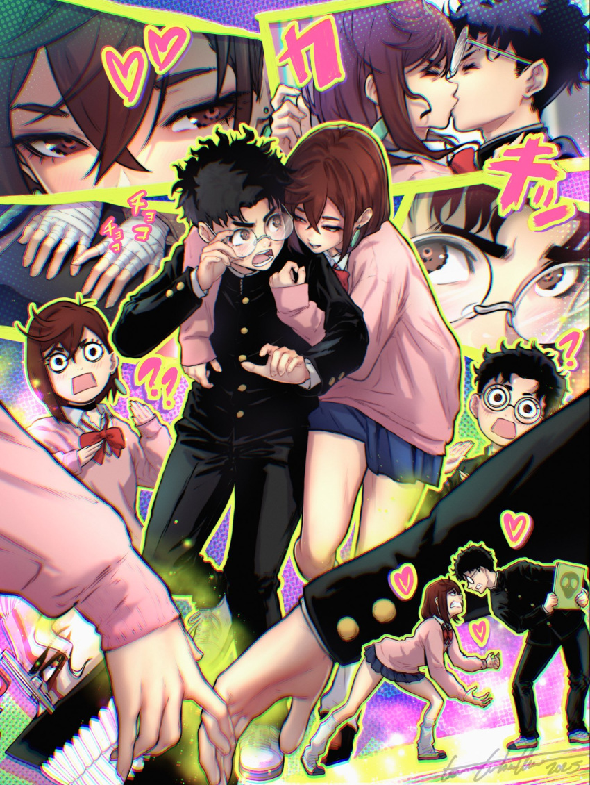 1boy, 1girl, ?, ??, adjusting_eyewear, angry, ayase_momo, bandaged_hand