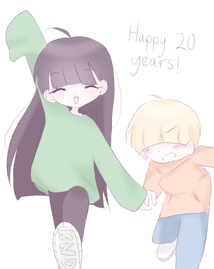 1boy, 1girl, animification, black_hair, blonde_hair, blunt_bangs, child, closed_eyes