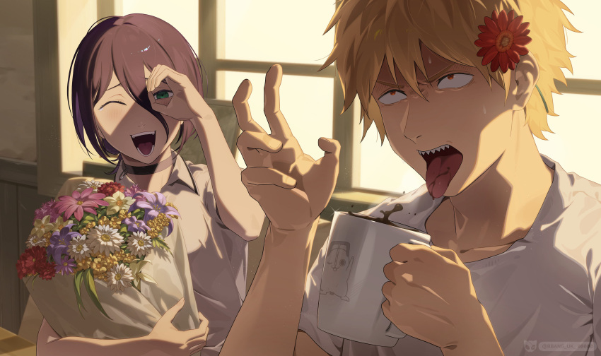 1boy, 1girl, absurdres, bbang_uk_00000, black_choker, black_hair, blonde_hair, chainsaw_man