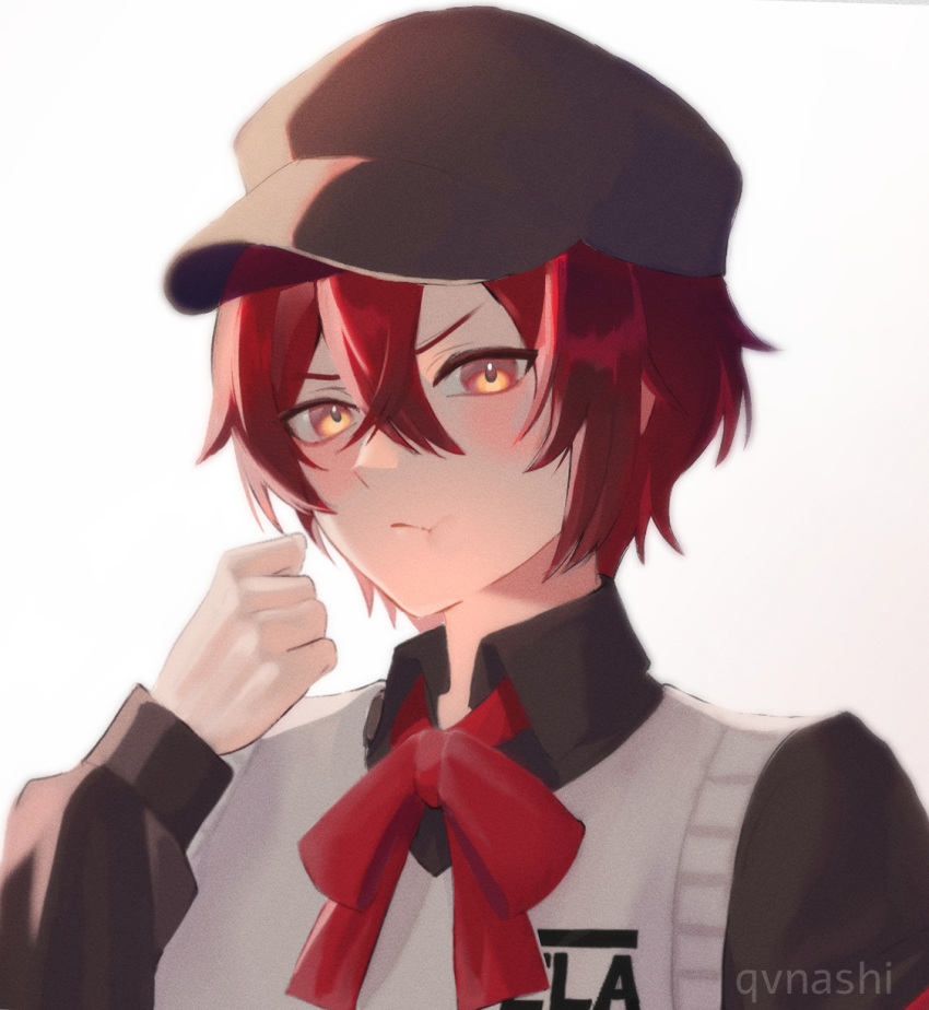 1boy, bishounen, black_shirt, blush, collared_shirt, hair_between_eyes, hand_up, hat, highres, holostars, holostars_english, looking_at_viewer, machina_x_flayon, male_focus, neck_ribbon, official_alternate_costume, pout, qvnashi, red_eyes, red_hair, red_ribbon, ribbon, shirt, short_hair, simple_background, solo, sweater_vest, upper_body, vest, virtual_youtuber, white_background, white_vest