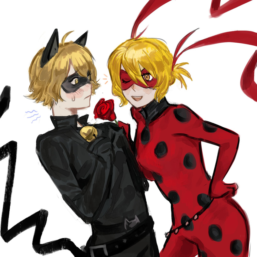 1boy, 1girl, alternate_costume, animal_ears, bell, black_leotard, black_shirt, blonde_hair