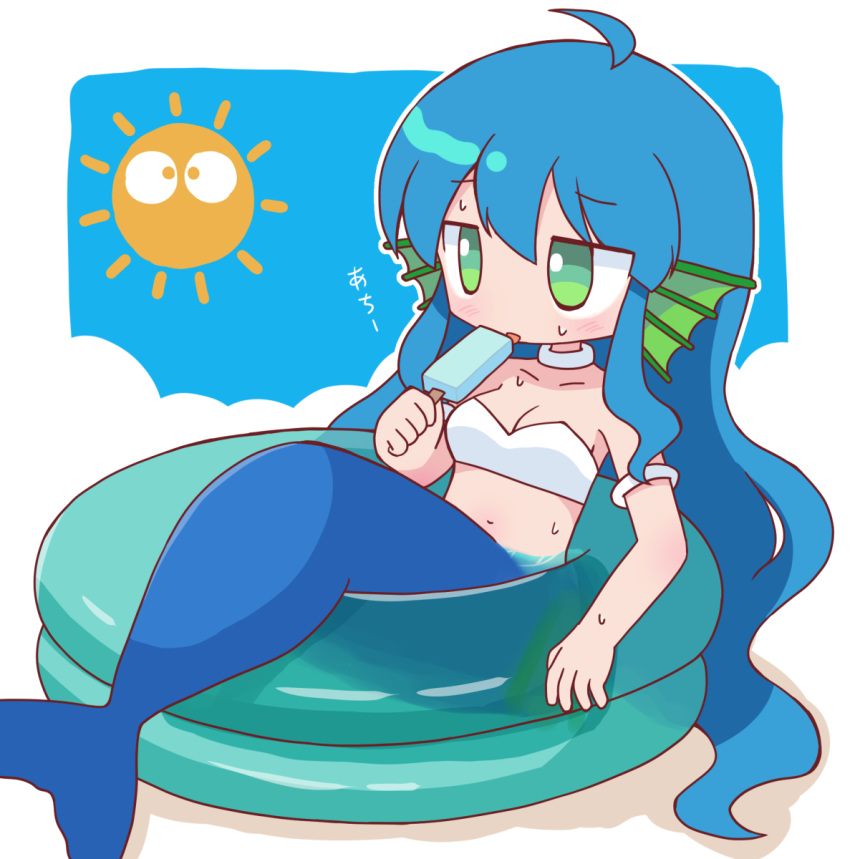 ahoge, armband, blue_hair, breasts, choker, commentary_request, fins, food