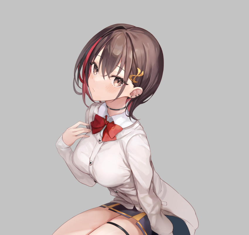 1girl, black_choker, black_thighlet, breasts, brown_eyes, brown_hair, cardigan, choker