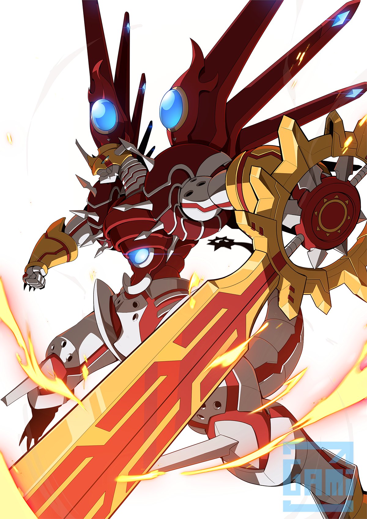 digimon, digimon_(creature), double_blade, dragon, fire, gamiani_zero, highres, holding