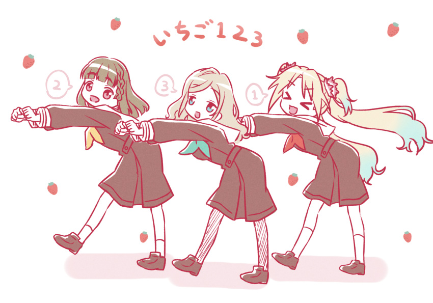 >_<, 3girls, :d, akihitohappy, aqua_neckerchief, black_pantyhose, black_shoes, blonde_hair, blue_eyes, blue_hair, braid, brown_dress, brown_hair, center-flap_bangs, ceras_yanagida_lilienfeld, commentary_request, dancing, dress, flower, gradient_hair, grey_hair, hair_flower, hair_ornament, hasu_no_sora_school_uniform, highres, ichigo_123_(love_live!), kachimachi_kosuzu, link!_like!_love_live!, long_hair, long_sleeves, looking_at_viewer, love_live!, lucky_star, motteke!_serafuku, multicolored_hair, multiple_girls, neckerchief, open_mouth, osawa_rurino, pantyhose, parody, parted_bangs, pink_eyes, pink_flower, red_neckerchief, sailor_collar, sailor_dress, school_uniform, shoes, side_braids, smile, socks, speech_bubble, spoken_number, twintails, very_long_hair, virtual_youtuber, white_sailor_collar, white_socks, winter_uniform, xd, yellow_neckerchief