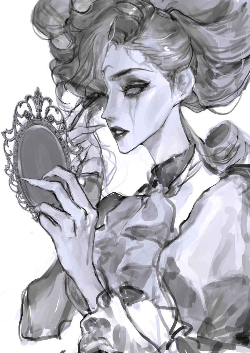 1girl, absurdres, applying_makeup, ascot, black_lips, claws, fingernails, greyscale