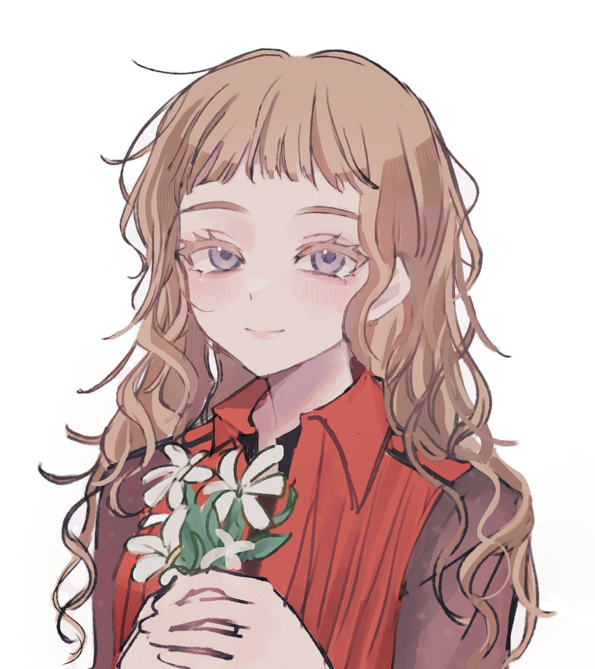 1girl, brown_hair, closed_mouth, dress, eyelashes, flower, gnosia, grey_eyes, hair_between_eyes, hair_flower, hair_ornament, highres, hjm_gn, kukrushka_(gnosia), long_hair, long_sleeves, looking_at_viewer, simple_background, smile, solo, upper_body, wavy_hair