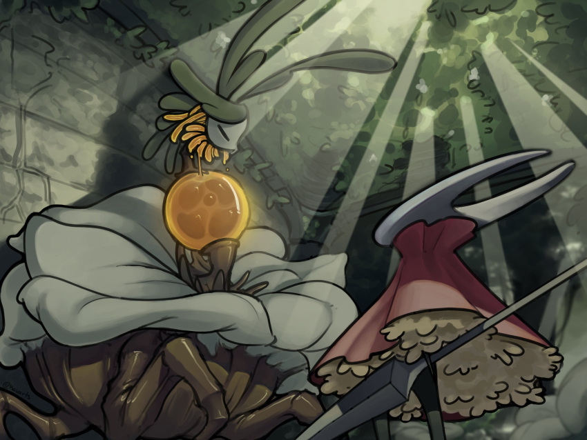 2girls, arthropod_girl, boss_fight, cloak, closed_eyes, highres, hollow_knight, hollow_knight:_silksong