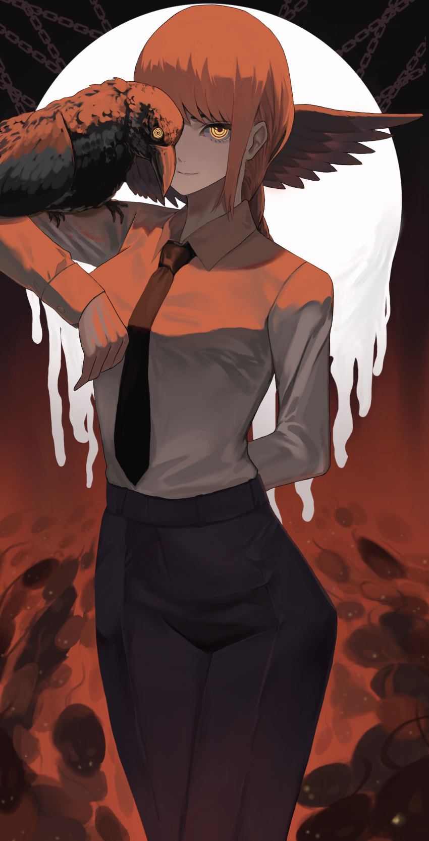 1girl, absurdres, animal_on_arm, arm_behind_back, bird, bird_in_front_of_eye, bird_on_arm, black_necktie, black_pants, braid, braided_ponytail, chainsaw_man, closed_mouth, commentary_request, grey_shirt, high-waist_pants, highres, kingra_duel, light_smile, long_hair, looking_at_viewer, makima_(chainsaw_man), mouse_(animal), necktie, pant_suit, pants, red_hair, ringed_eyes, shirt, shirt_tucked_in, sidelocks, solo, suit, yellow_eyes