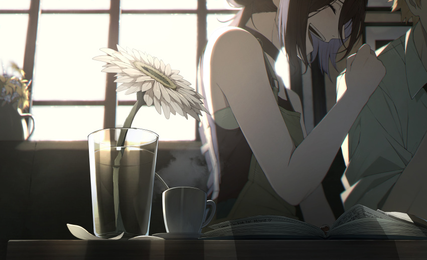 1boy, 1girl, absurdres, apron, black_choker, black_hair, blonde_hair, book