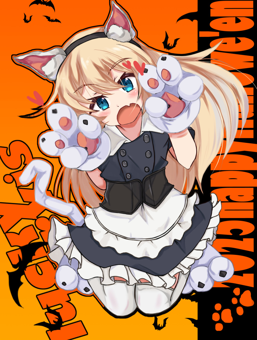 1girl, 2025, animal_ear_fluff, animal_ears, animal_hands, apron, bat_(animal), black_dress
