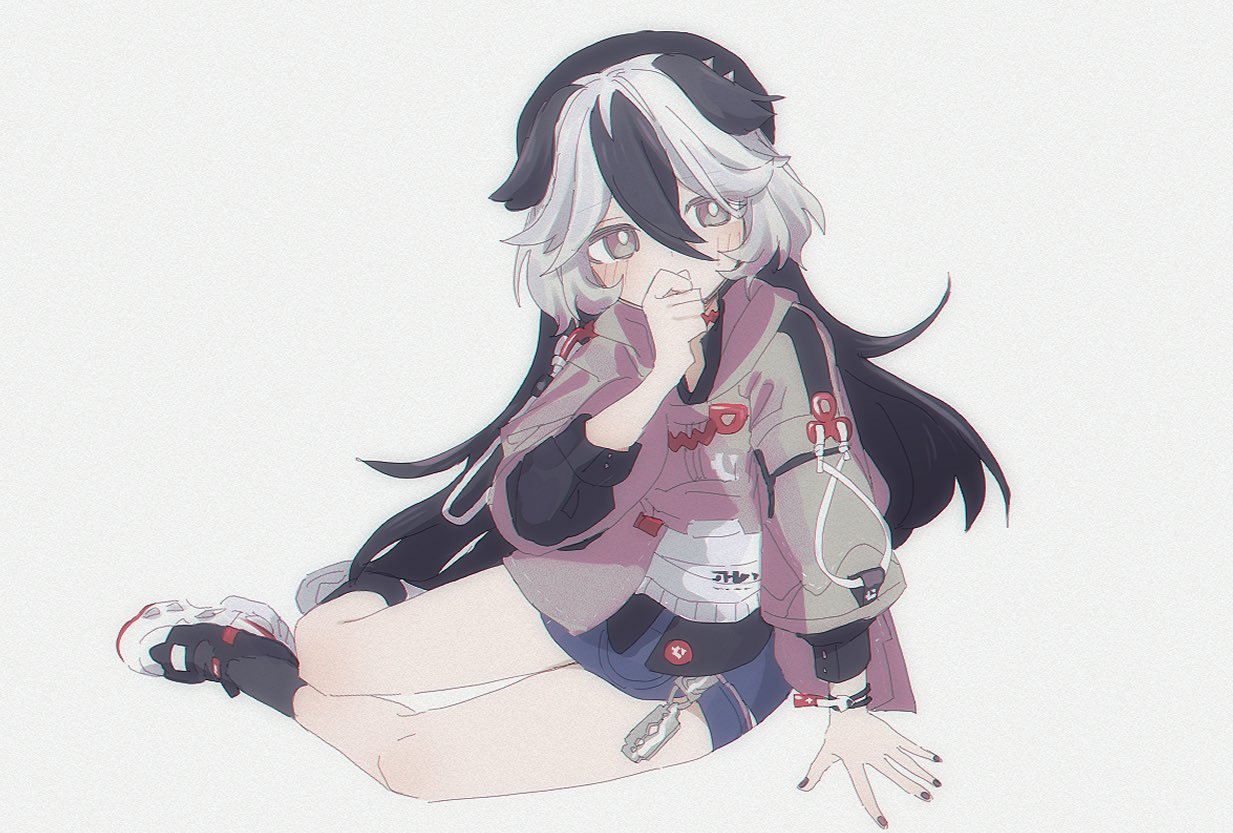 1girl, beret, black_hair, black_hat, black_nails, black_socks, blue_skirt, blush