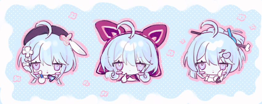 1girl, ahoge, beret, blue_background, blue_hair, blush_stickers, brown_hat, chibi