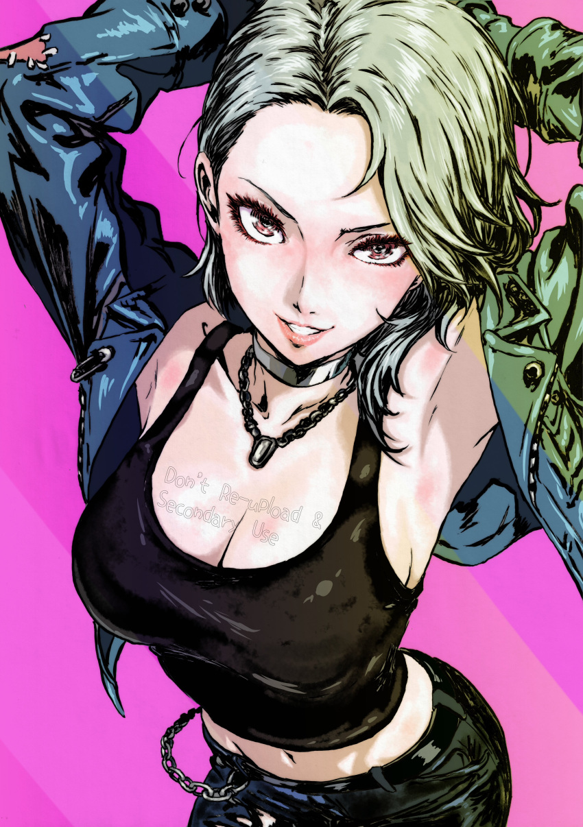 absurdres, armpits, arms_up, black_pants, black_tank_top, breasts, chain, chain_necklace