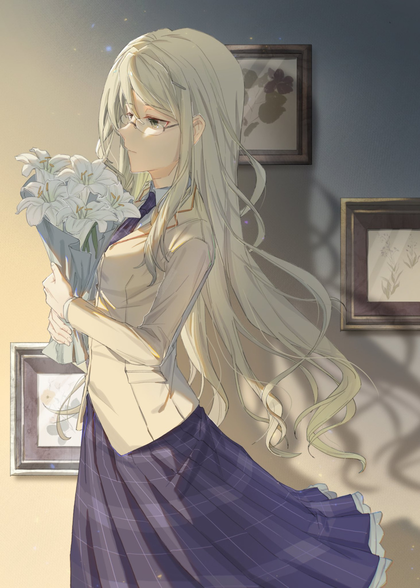 1girl, ayai_hsgm, bouquet, breasts, chaos;head, closed_mouth, collared_shirt, flower