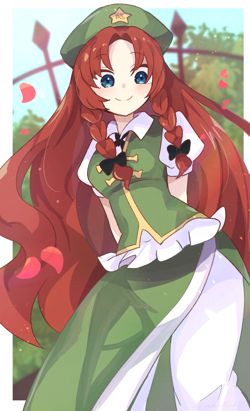 1girl, absurdres, arms_behind_back, black_bow, blue_eyes, blush, bow, braid, braided_sidelock, commentary, curtained_hair, falling_petals, feet_out_of_frame, green_hat, green_overskirt, green_vest, hair_bow, hat, hat_ornament, highres, hong_meiling, long_hair, looking_at_viewer, one-hour_drawing_challenge, outdoors, pants, petals, puffy_short_sleeves, puffy_sleeves, red_hair, shirt, short_sleeves, skirt, skirt_set, smile, solo, star_(symbol), star_hat_ornament, straight_hair, tomomasa_(coralsea23), touhou, twin_braids, very_long_hair, vest, white_pants, white_shirt