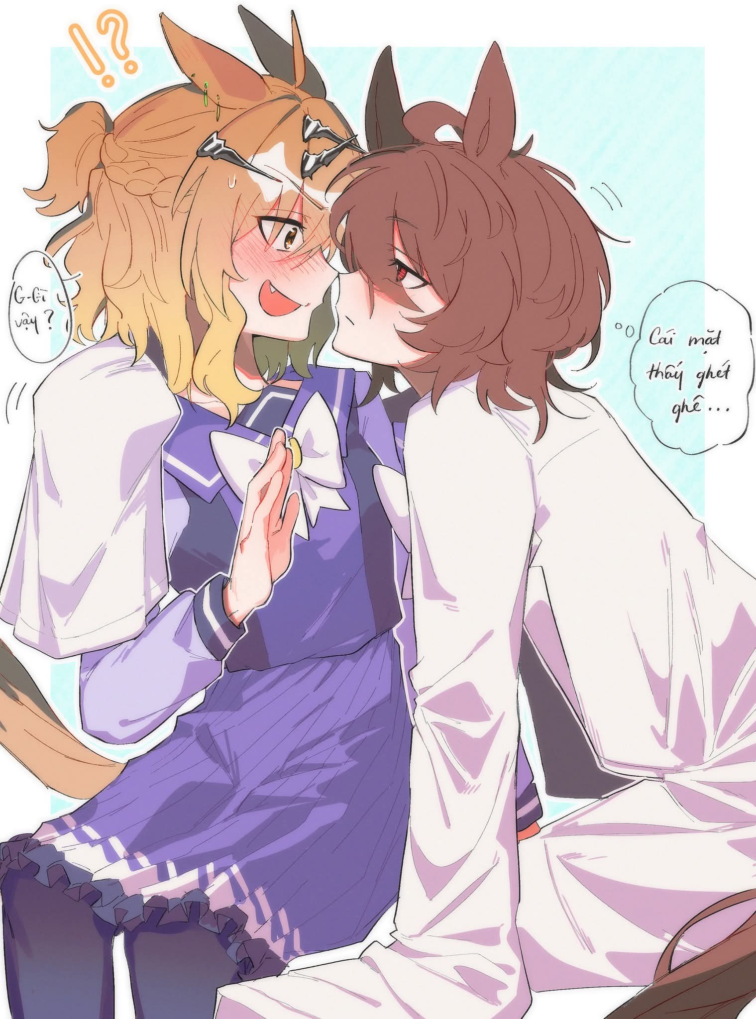!?, 2girls, agnes_tachyon_(umamusume), animal_ears, black_pantyhose, blush, braid, brown_hair