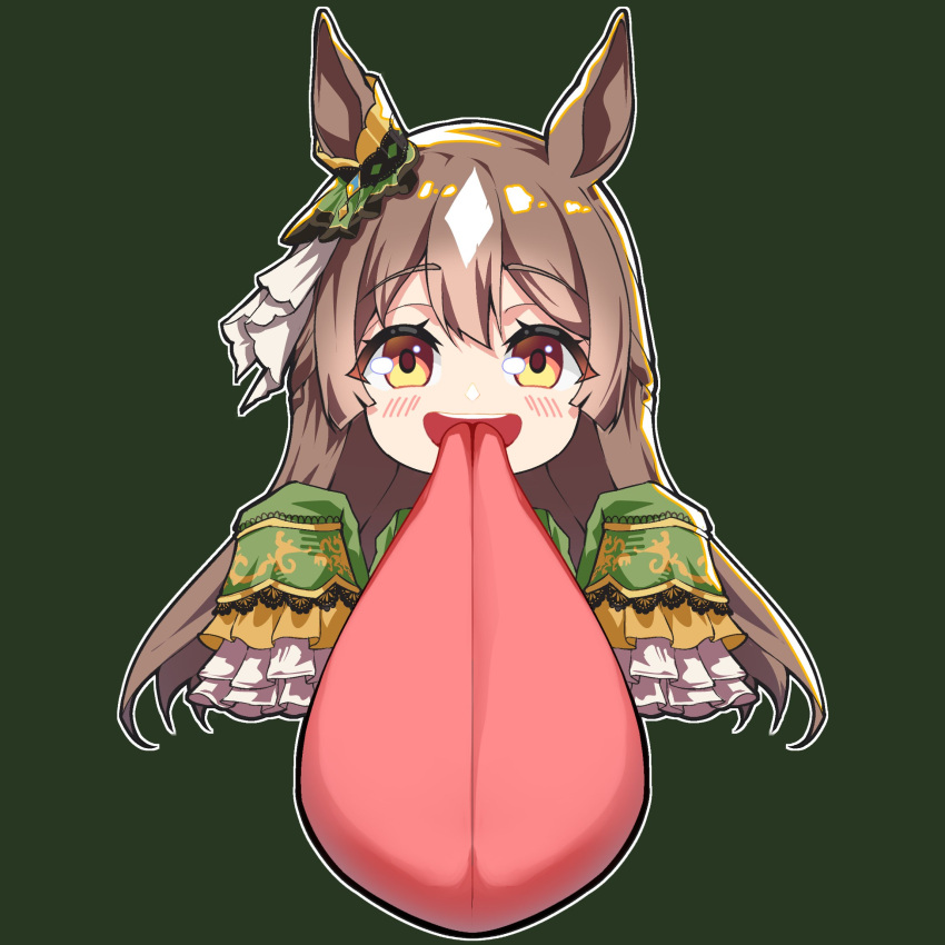 1girl, :d, animal_ears, blush, brown_eyes, brown_hair, chibi, commentary, cropped_torso, freaky_satono_diamond_(meme), frilled_sleeves, frills, gabu_gabugabuga, green_background, green_jacket, highres, horse_ears, jacket, long_hair, long_sleeves, long_tongue, looking_at_viewer, meme, satono_diamond_(umamusume), sleeves_past_fingers, sleeves_past_wrists, smile, solo, tongue, tongue_out, umamusume, upper_body, very_long_hair, very_long_tongue