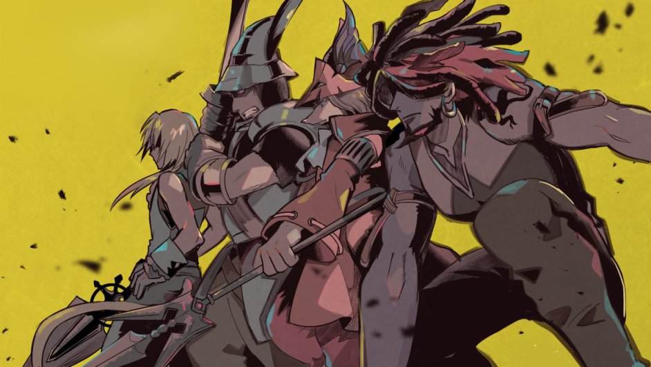 1girl, 3boys, adelbert_steiner, amarant_coral, arm_belt, armor, armored_gloves, ascot, azumi0aikawa, bare_shoulders, beard, blonde_hair, blue_ascot, blue_wrist_cuffs, burmecian, clenched_teeth, coat, dreadlocks, earrings, facial_hair, feet_out_of_frame, fighting_stance, final_fantasy, final_fantasy_ix, freya_crescent, gloves, grey_gloves, grey_hair, grey_pants, hair_over_eyes, hand_on_own_hip, hat_feather, helmet, holding, holding_polearm, holding_sword, holding_weapon, hoop_earrings, jewelry, long_hair, low_ponytail, mouse_girl, multiple_boys, pants, pauldrons, plate_armor, polearm, ponytail, red_coat, red_hair, red_helmet, shoulder_armor, sword, teeth, vest, weapon, winged_helmet, wrist_cuffs, yellow_background, zidane_tribal