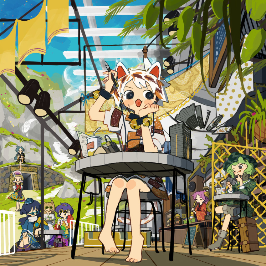 6+girls, ability_card_(touhou), animal_ears, barefoot, blonde_hair, blue_hair, blue_hat, cat_ears