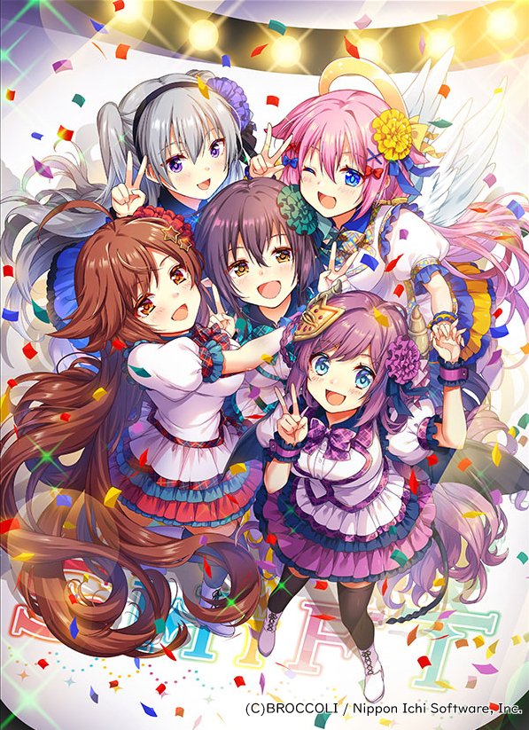 5girls, ahoge, black_hair, black_hairband, black_thighhighs, blue_bow, blue_eyes, bow